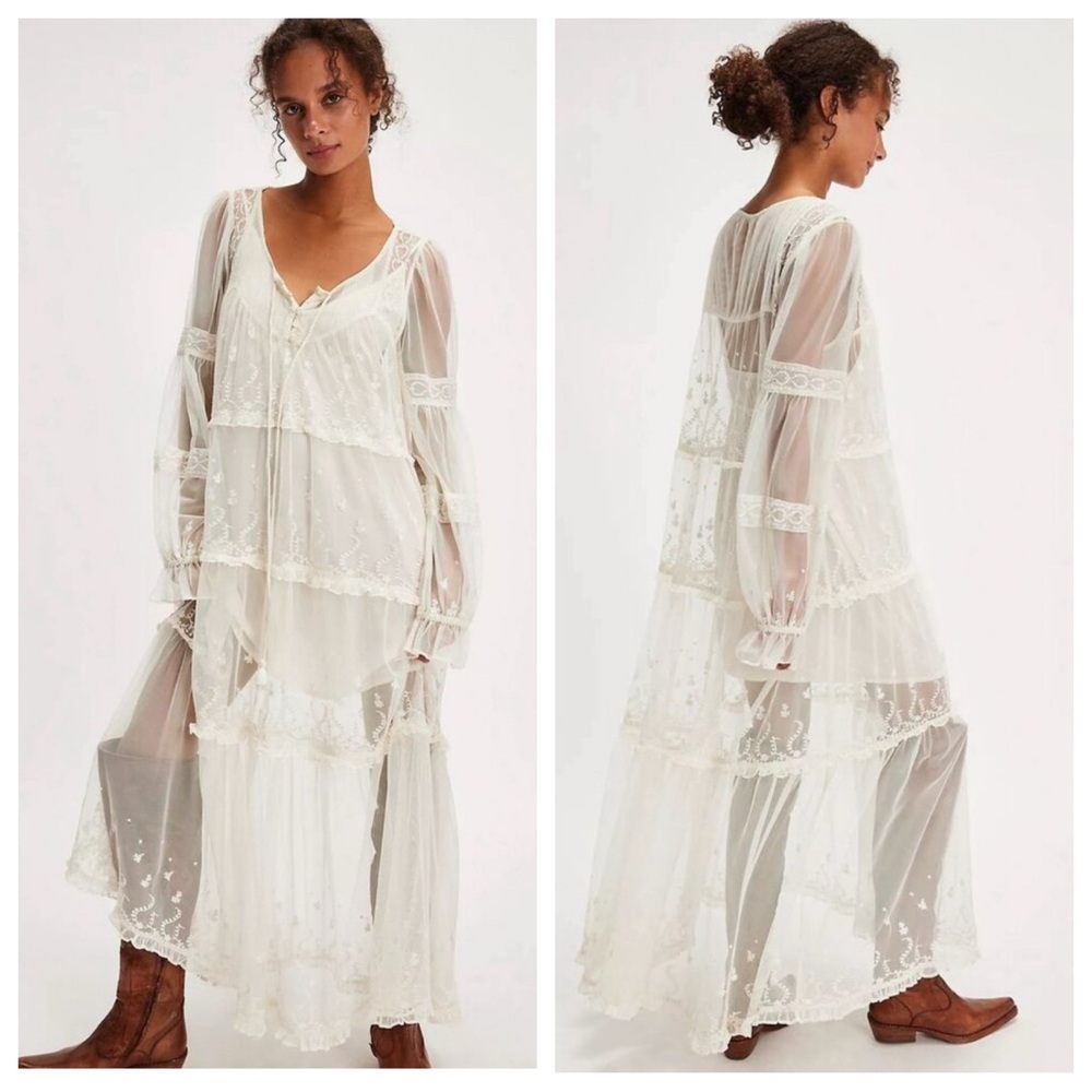 New Free People Stevie Maxi Dress Embroidered
Sheer Mesh in Ivory | LARGE NWT